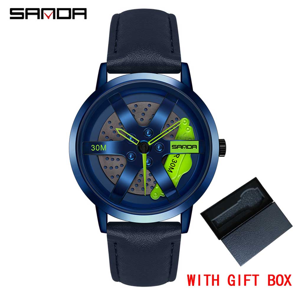 Regarder SANDA Mens Watch Rim Hub Watch Wheel Wristwatch Clock Sport Car Creative 360° Spinning Men Wrist Watch Reloj de hombre