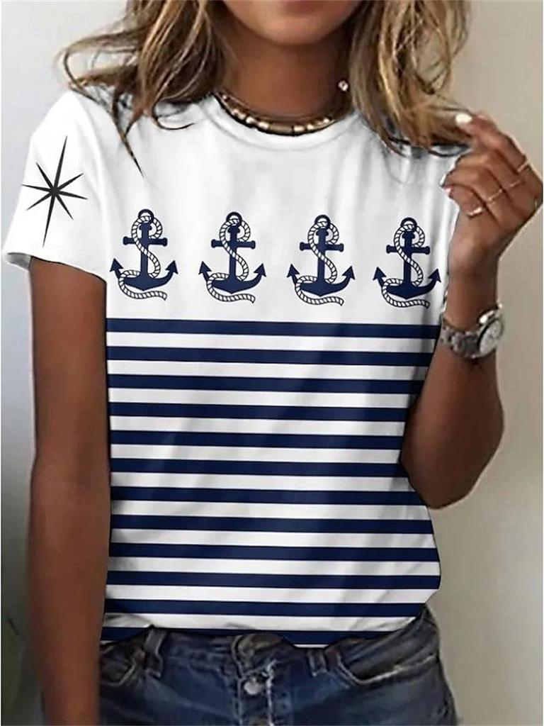 Boat AnchorGraphic T-shirt For Women 2025 New Design Short Sleeve Stripe T Shirts Summer Oversized Fashion Elegant Kids Tees
