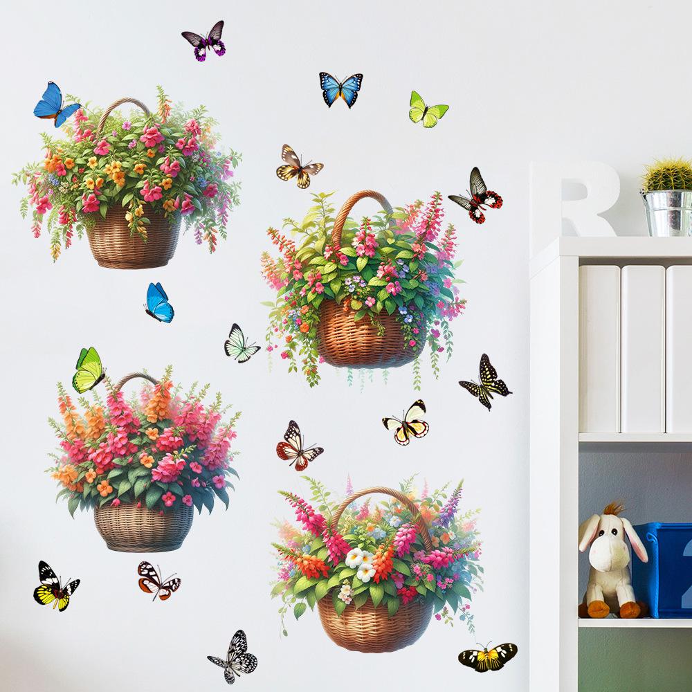 Flower Basket Butterfly Rose Peony Decals Self-adhesive Waterproof Wall Sticker
