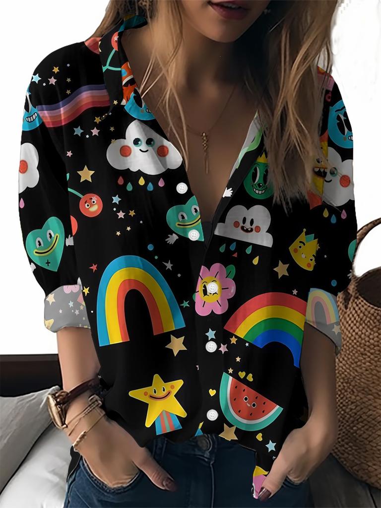 Colorful Cartoon Element Printed Lapel Shirt Women's Loose Casual and Comfortable Single-breasted Commuter Top