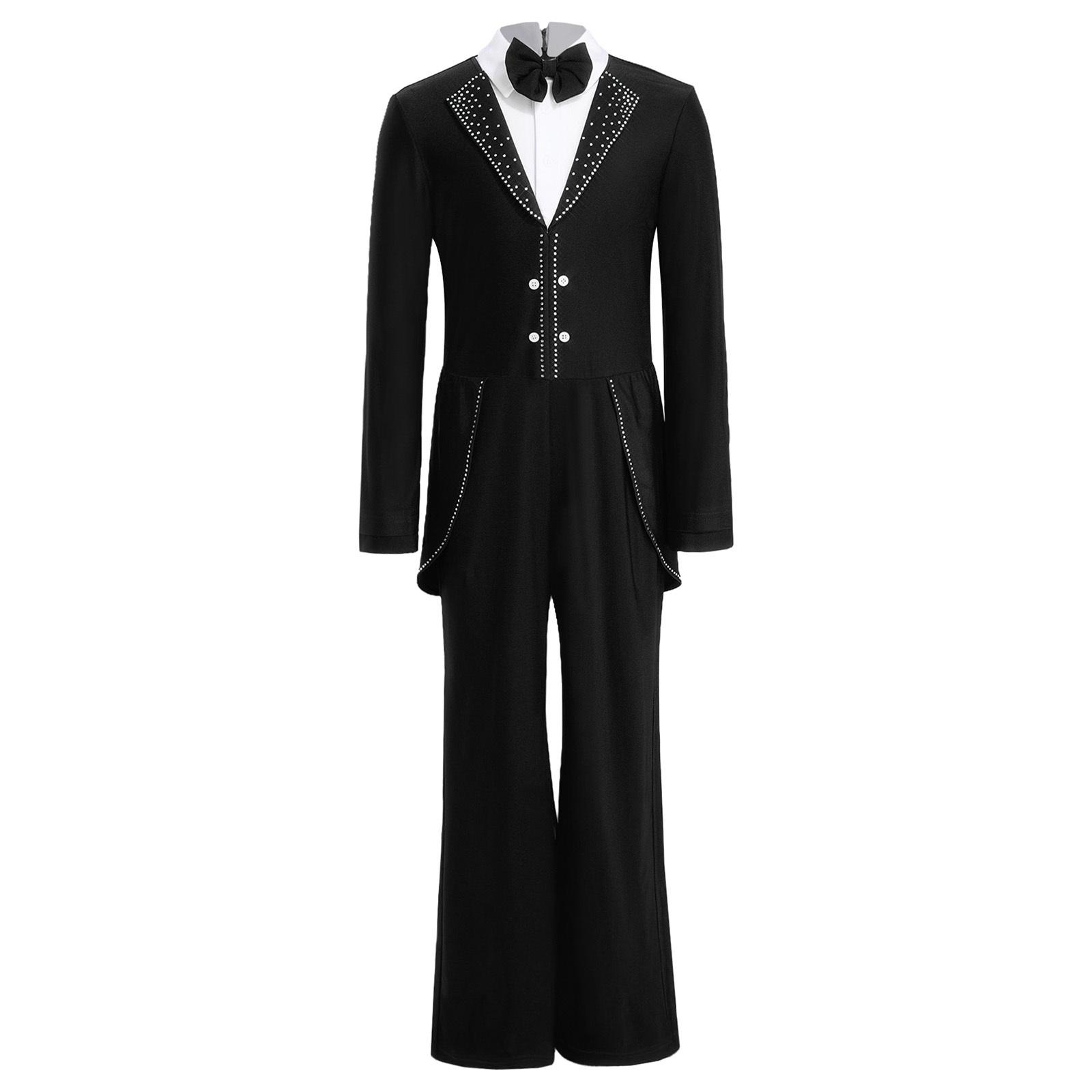 

Boys Rhinestone Jumpsuit Long Sleeve Bow Tie Collar Lapel Back Zipper Ice Skating Performance Costume 5-6 Years чорний