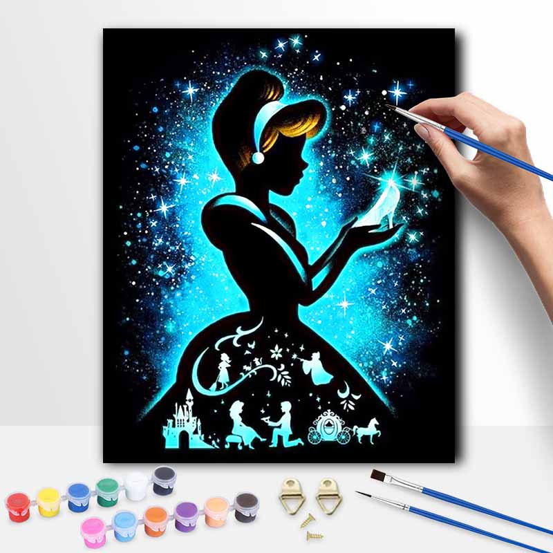Disney Cinderella Painting Kit Home Wall Decor Handmade Gift Canvas Art Glowing Blue Starry Princess Silhouette For Living Room Decor
