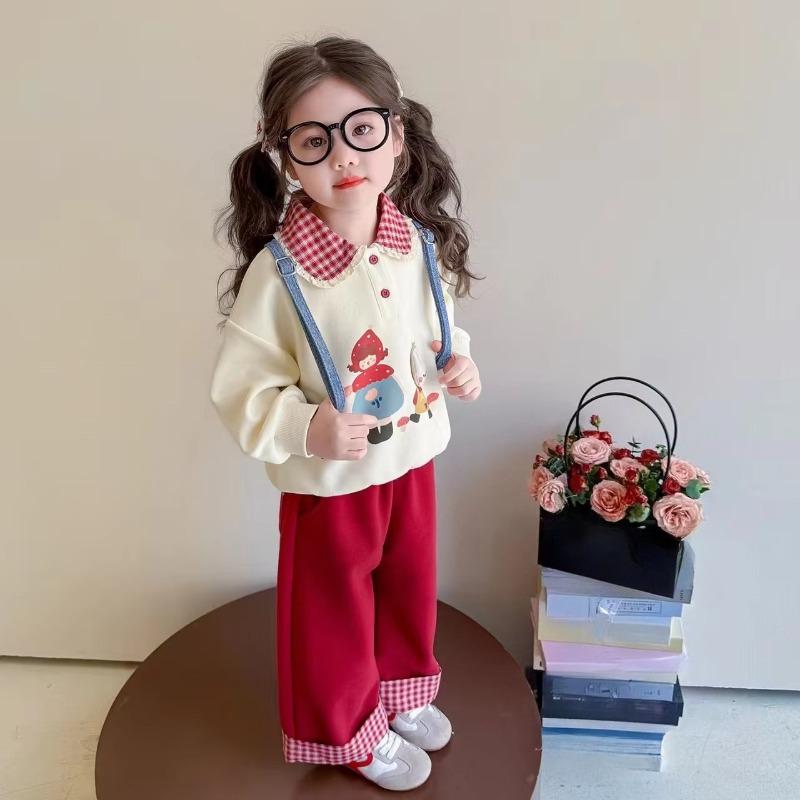 Herbst Kinder Mädchen Kleidung Stickerei Umlegekragen Karierter Sweatshirt Anzüge Locker Gerade Hose Outfits