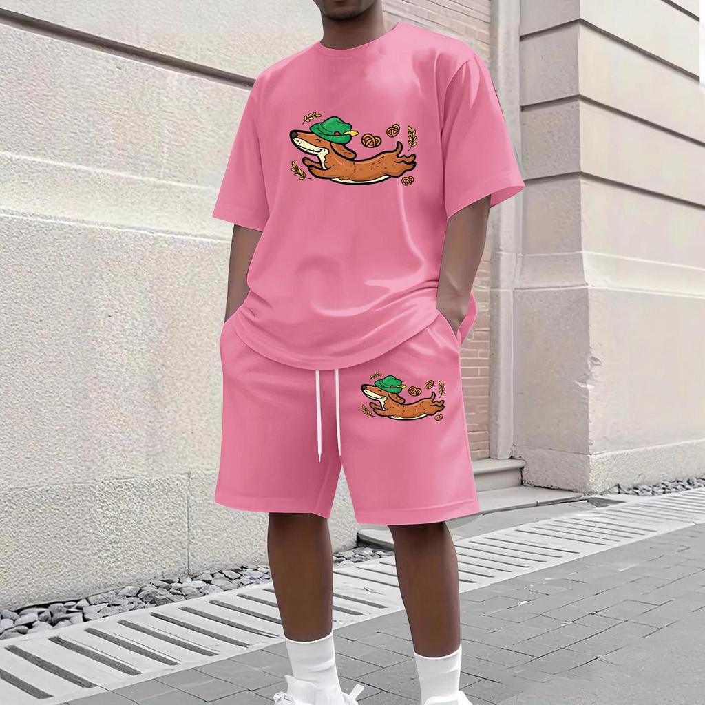 Herren Lässiges Zweiteiliges Set Kurzarm Rundhalsausschnitt Oberteil und Shorts mit Kordelzug und Grafikdruck Bequeme Passform