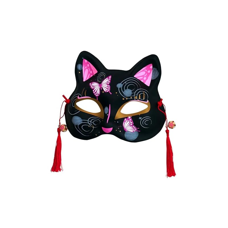 Clearstone Japanese-style Mask, Cat Design, Black Butterfly, Unisex, Black.
