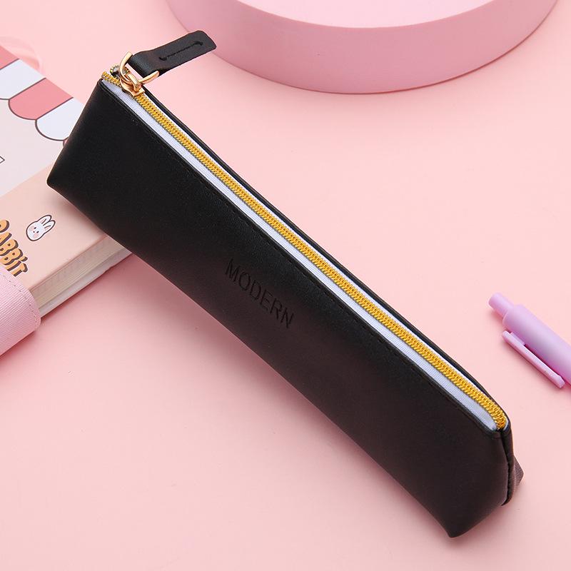 PU Leather Solid Color Pencil Case - School Supplies Stationery Bag
