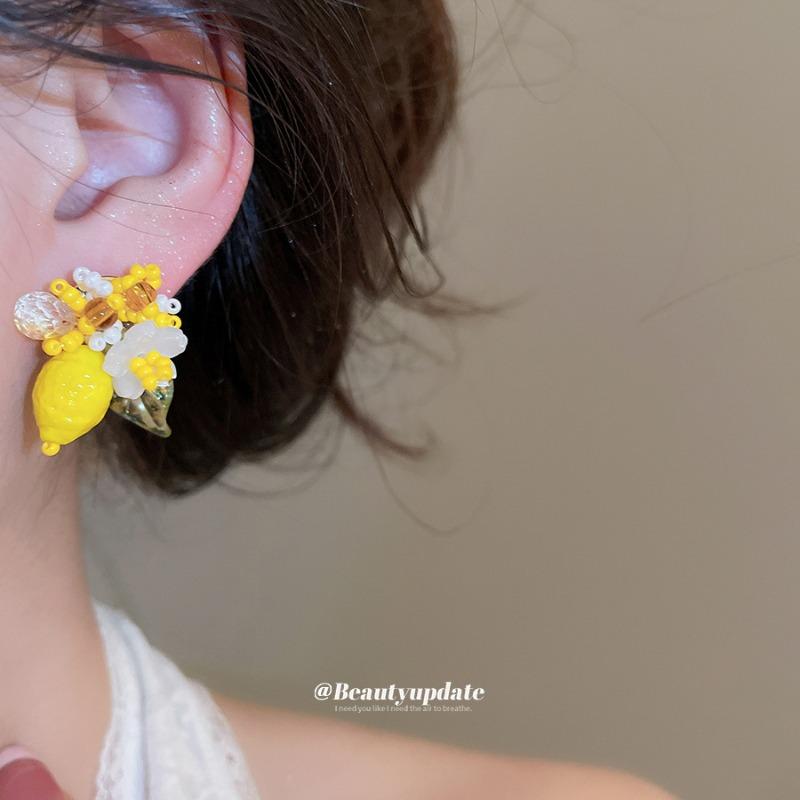 Seaside Vacation Style Crystal Lemon Necklace Earrings Small Fresh and Sweet Jewelry Set Design Sense Niche Jewelry Women