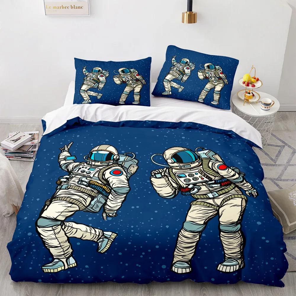 3D Astronaut King Queen Duvet Cover Cartoon Galaxy Universe Bedding Set for Boys Girls Outer Space Soft 2/3pcs Quilt Cover