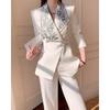 Chinese Style Spring 2 Piece Sets Women Elegant Embroidery High End Frog Button Jacket White Flared Pants