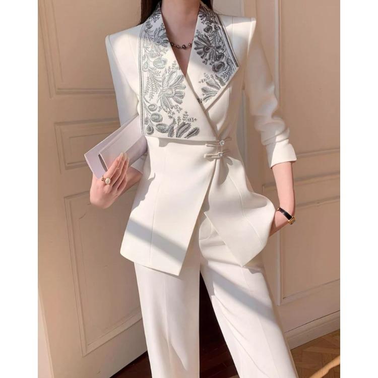 Chinese Style Spring 2 Piece Sets Women Elegant Embroidery High End Frog Button Jacket White Flared Pants
