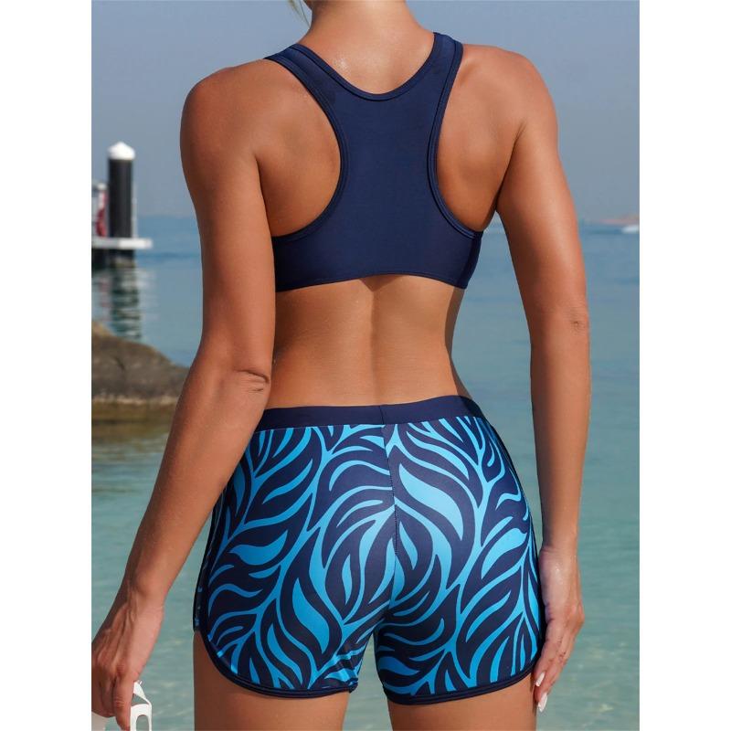 Sexy Blue Leaves Print Bikini Set 2026 Women Sports Push Up Bra High Waist Shorts Two Piece Swimsuit Beach Bathing Suit Swimwear