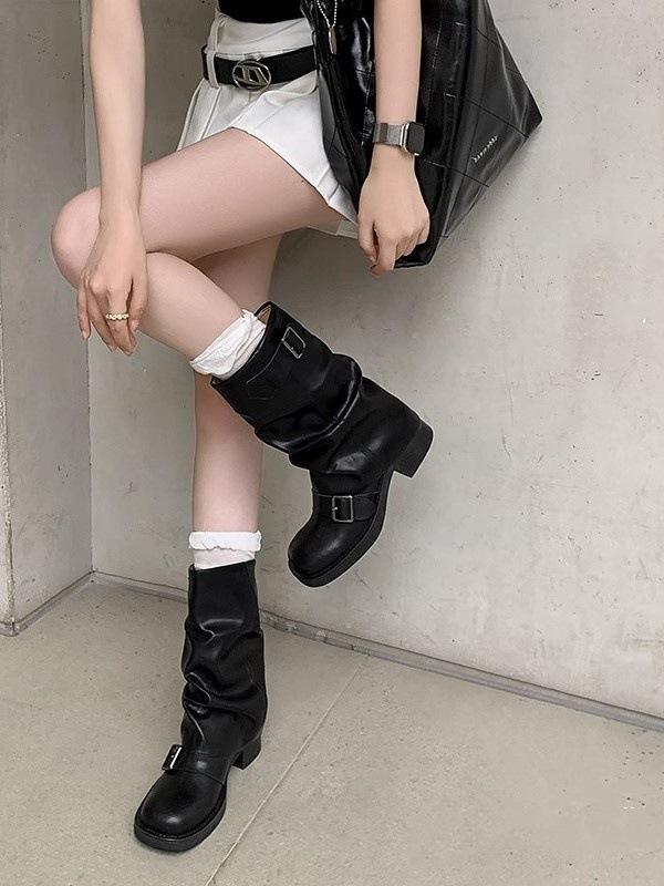 Cowhide version~ 2025 new western cowboy boots women's pleated stacking boots belt buckle medium tube boots trouser tube knight boots