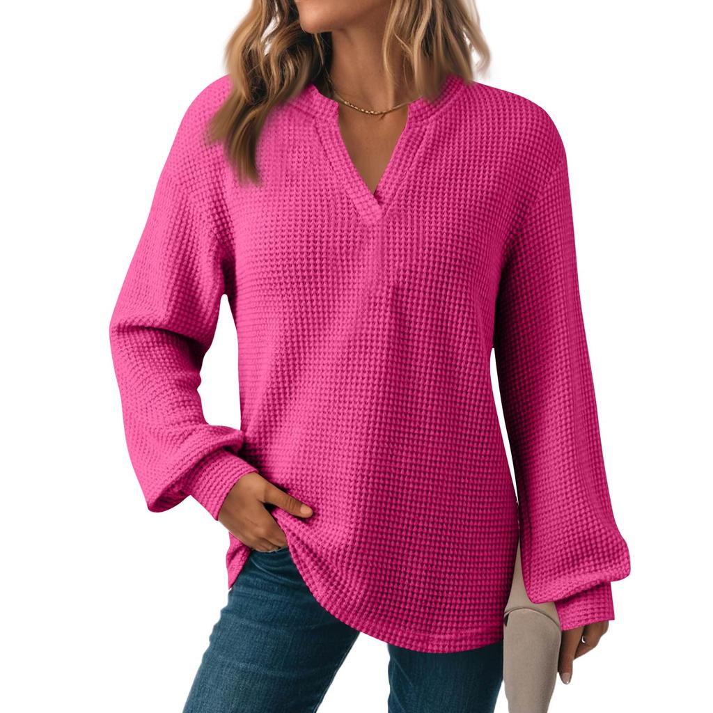 Women's Fashion Long Sleeve  Knit V-Neck Solid Color Casual Top