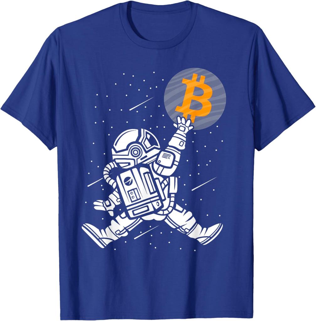Bitcoin Astronaut Reaching for BTC Crypto Trader Graphic Tee Men Casual Short Sleeve