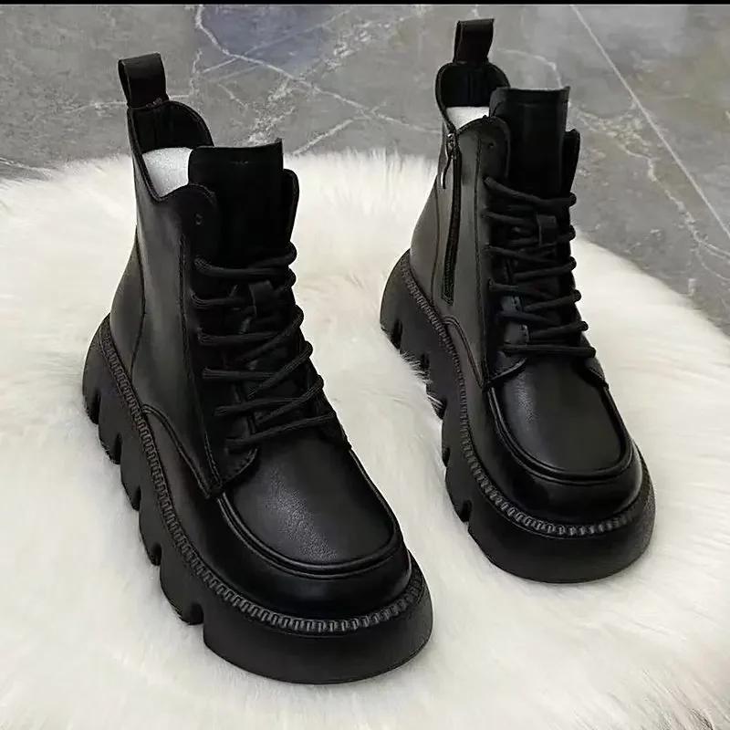 Fashion Woman Short Shoes Black Round Toe With Laces Booties Lace-up Designer Luxury Sale Pu New In Ankle Boots for Women On Offer Goth