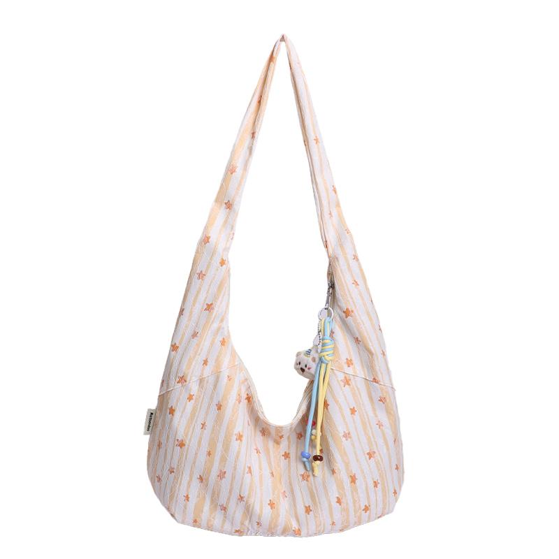 

Kawaii Star Striped Canvas Youth Shoulder Bag Large Capacity Casual Hobo Tote Bags Pendant Cute Daily Shopping Handbag for Women