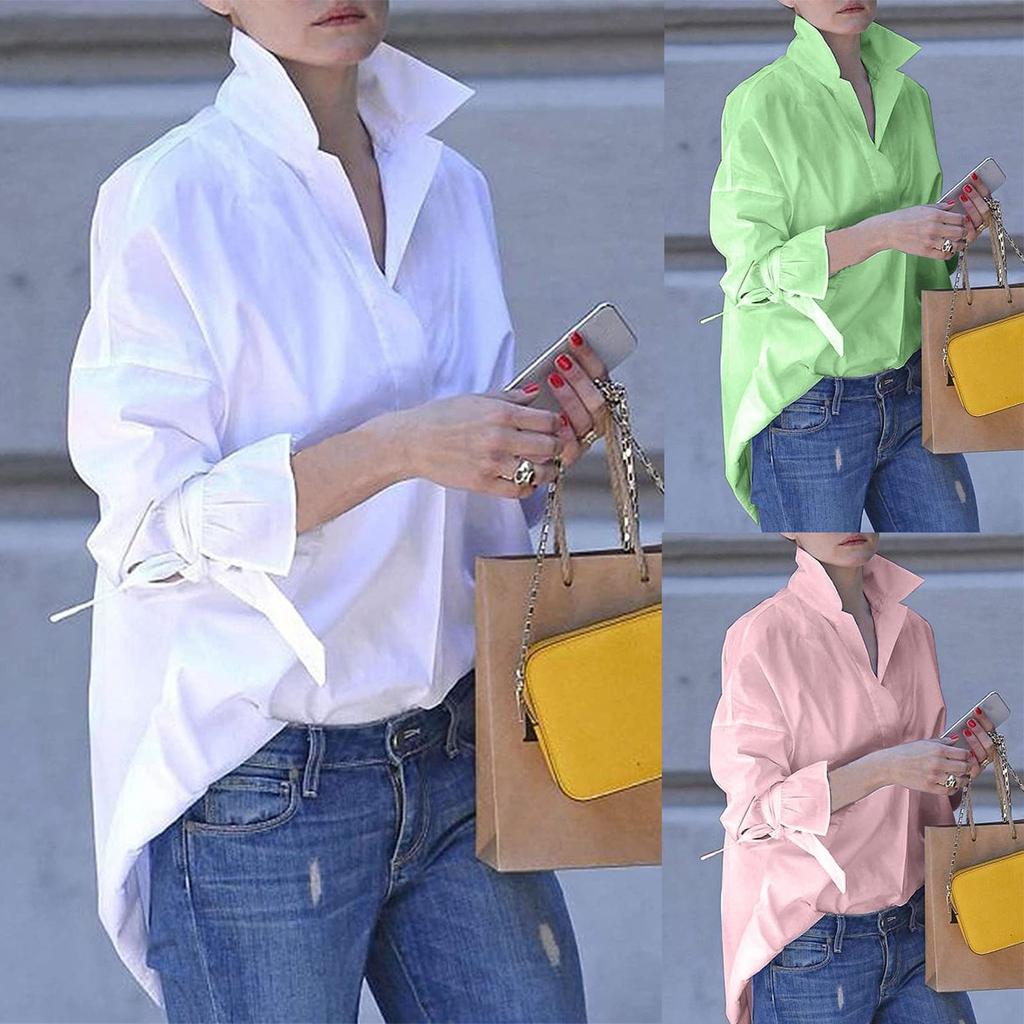 Fashion Womens Solid Color V-Neck Shirts Casual Flared Sleeve Long Sleeved  Top