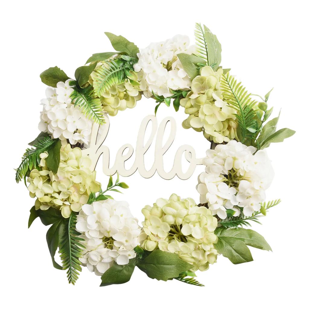 Artificial Hydrangea Wreath with Hello Sign for Indoor Outdoor Wall Door Decor 40cm Silk Flower Ring for Home and Party Setting