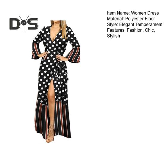 Γυναικείο Καλοκαιρινό Φόρεμα Μαξί Περιτυλιγμένο Μακρυμάνικο Βαθύ V-Λαιμόκοψη Φόρεμα με Κορδόνια με Πουά Εκτύπωση Σκίσιμο Αέρινο Παραλίας Μακρύ Φόρεμα