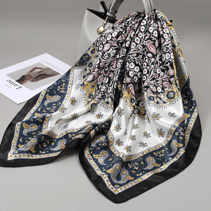 90x90cm Square Shawls Satin Neck Scarf For Women Fashion Print Floral Head Hijab Scarves Female Silk Feel Neckerchief Headband