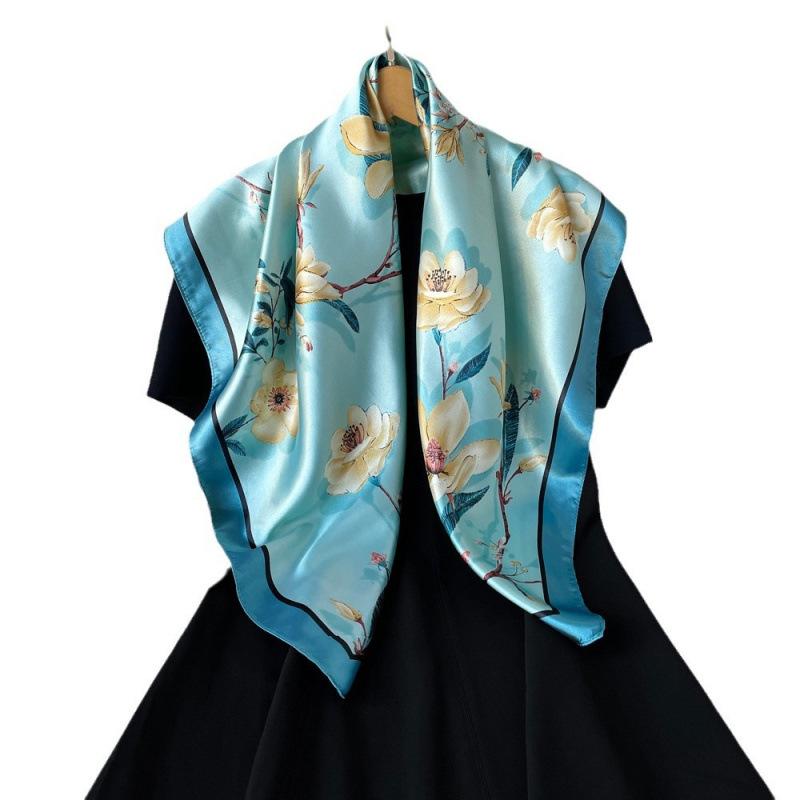 Silk Scarf Large Square Scarf Women's New 90cm Printed Vintage Wrap Scarf Satin Shawl Scarf