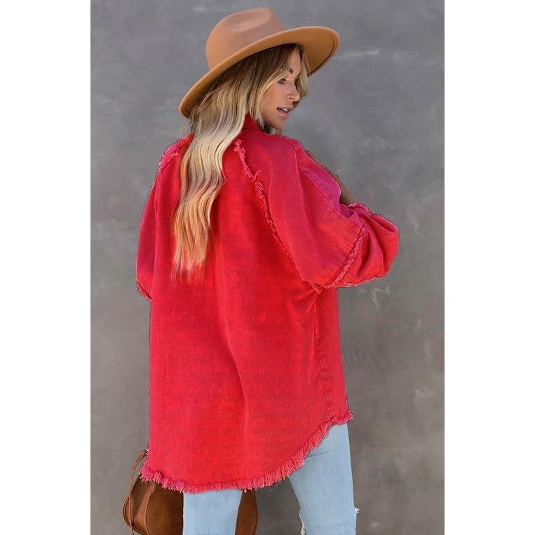 GMXIA Autumn Long-sleeved Denim Jacket for Women, Washable Fringed Mid-length Loose Jacket