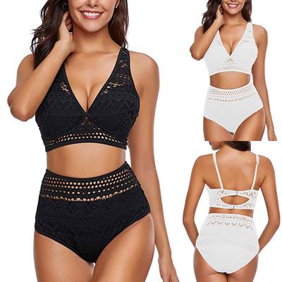 Women's Two Pieces Crochet Lace High Waist V Neck Bikini Set Swimsuit