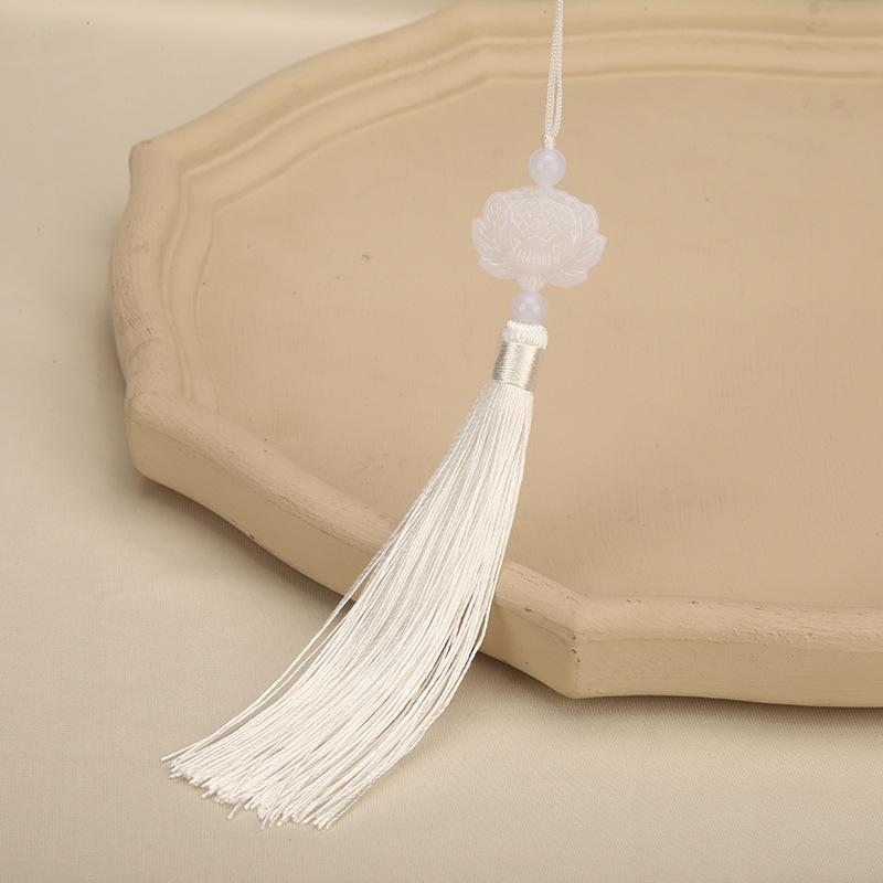 Double-Sided White Jade Lotus Tassel Fan Pendant - Antique Decoration Accessory