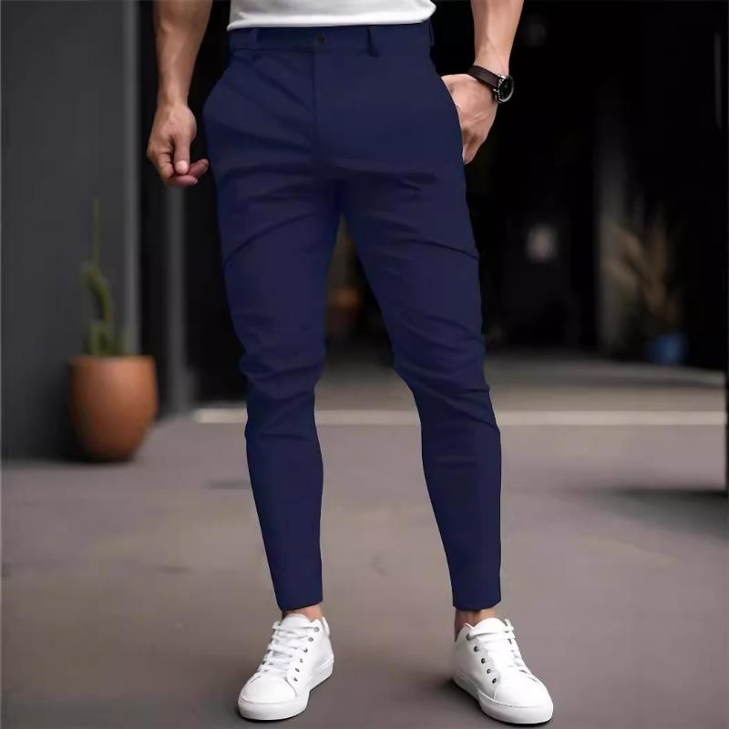 Men Solid Color Elastic Casual Tapered Long Pants