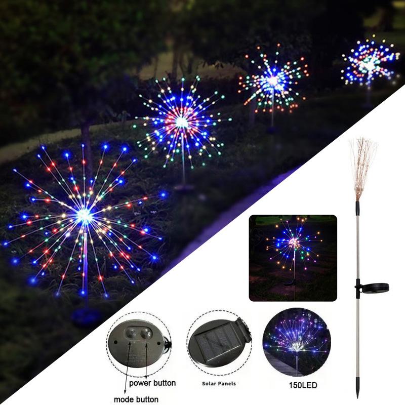 1pc 150 LED For Garden Patio Fireworks Lights Halloween Solar Christmas Stake Lamp Outdoor Landscape Decor Waterproof