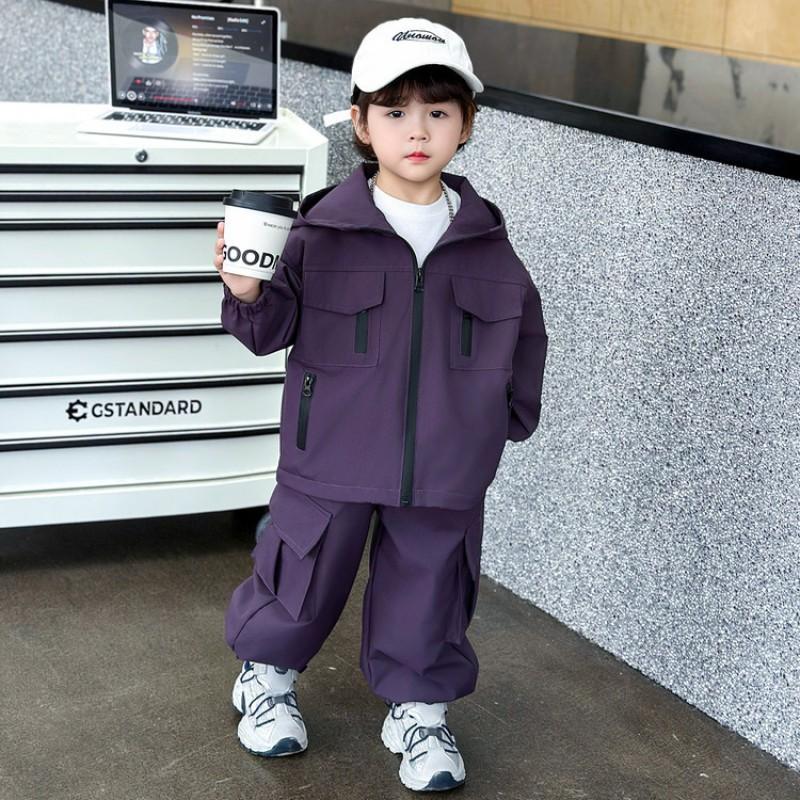 Boys Solid Color Utility Suit Set 2026 Kids Sporty Hooded Jacket Pants Two-Piece Outfit Ages 3-8