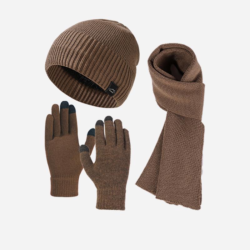 Thick Velvet Warm Windproof Three-Piece Set Big Head Circumference Knitted Hat Long Scarf Touch Screen Gloves