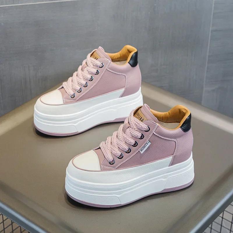 9cm Genuine Leather Platform Sneakers Wedge Shoes for Women Breathable Sneakers Autumn Casual Shoes Hidden Heel Zapatillas Mujer