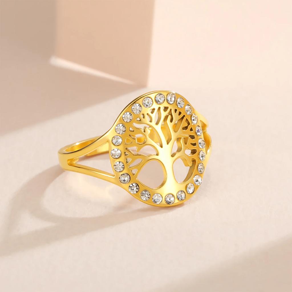 Teamer Tree of Life with Clear Zircon Ring Adjustable Stainless Steel Finger Ring for Women Girls Exquisite Amulet Jewelry