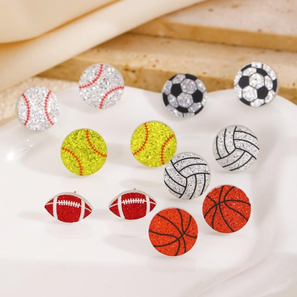 Acrylic Sparkling Ball Stud Earrings Soccer Rugby Volleyball Ear Jewelry Athletes Sports Fans