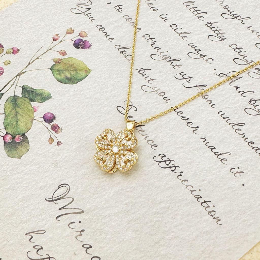 French Vintage Four-Leaf Clover Zircon Jewelry Set: Elegant Earrings, Necklace, and Ring for Weddings and Everyday Wear