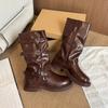 Designer Pleated Buckle Knight Boots Women Autumn Brown Pu Leather Mid Calf Boots Woman Slip-On Thick Heel Riding Botas Mujer