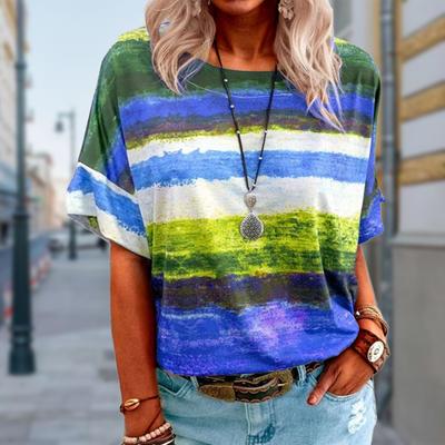 Women Summer T Shirt Trend Stripe Print Retro Fashion Short Sleeve Tees Casual Printed Tops
