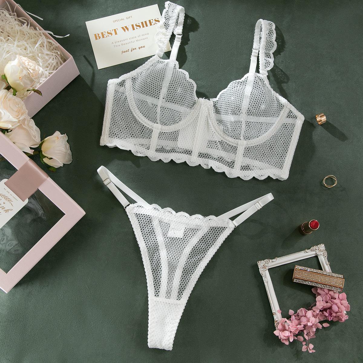 

Европейский и американский сексуальный сет из кроп-топа из сетки «рыбья кость» и кружевного бюстгальтера-стрингов – Удобный, эластичный, просвечивающий, формирующий Large белый