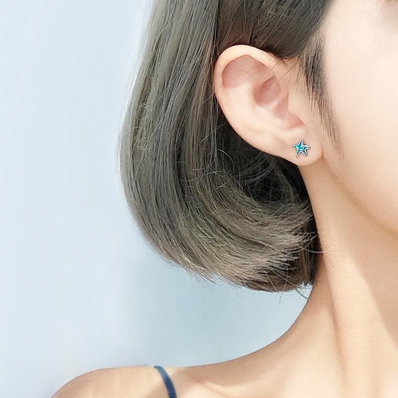 Silver Blue Starfish Mini Stud Earrings For Women Classic Fine Jewelry Light Accessories In Summer