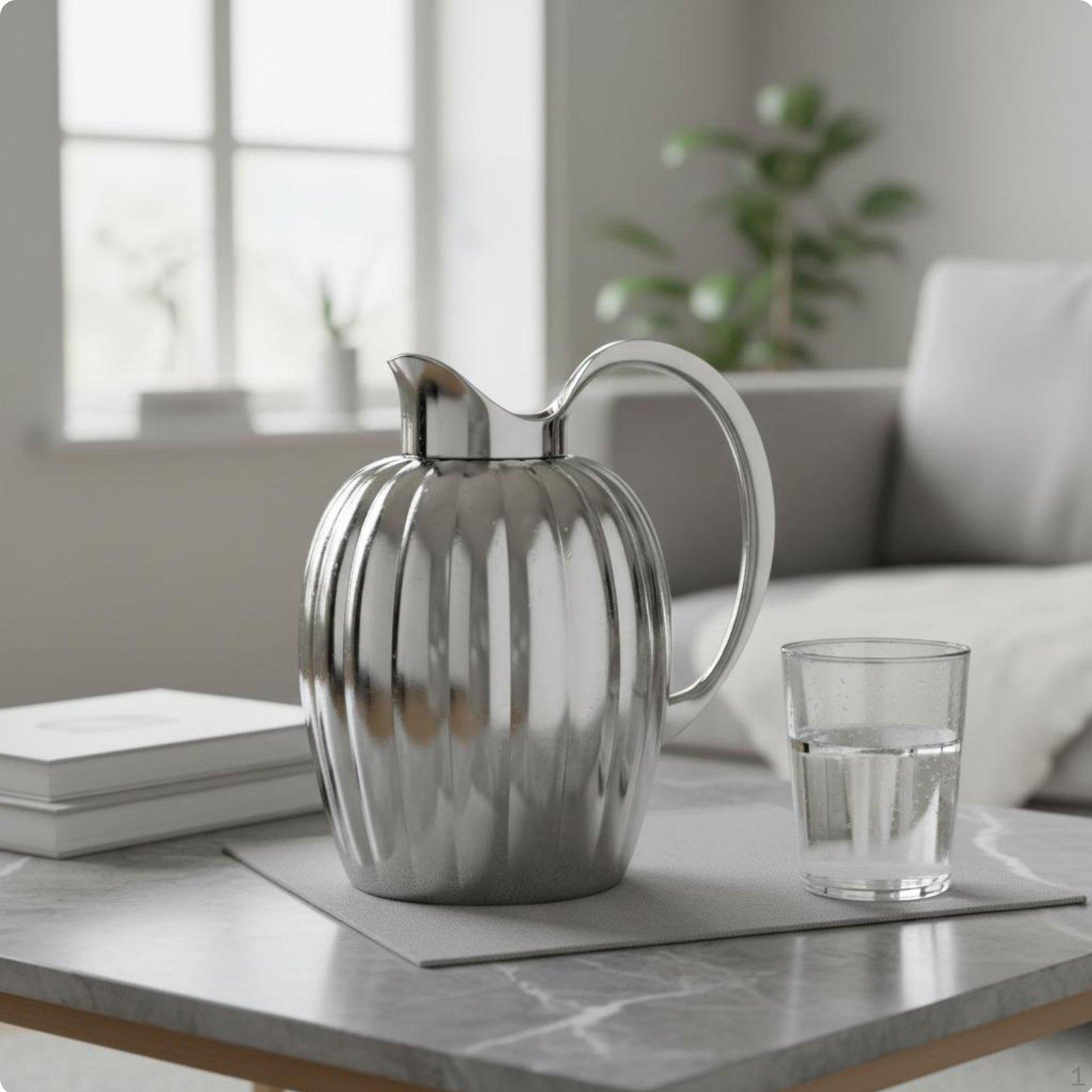 Mirror Finish Water Jug Ribbed Stainless Steel Pitcher Nordic Style Beverage Carafe for Living Room,