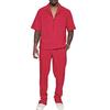 2Pcs/Set Men Outfit Lapel Short Sleeve Single Breasted Shirt Elastic Waist Long Pants Set Solid Color Loose Fit Casual Outfit