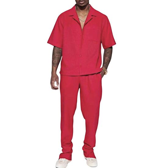 2Pcs/Set Men Outfit Lapel Short Sleeve Single Breasted Shirt Elastic Waist Long Pants Set Solid Color Loose Fit Casual Outfit