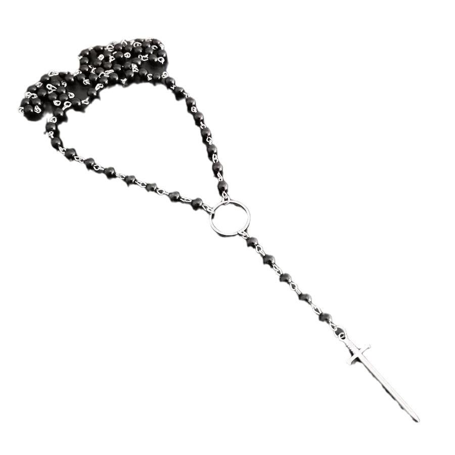 Shi Yong Gothic Black Rose Sword Rosary Necklace - Retro Style