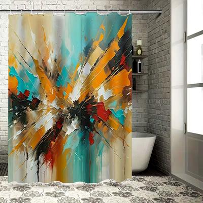 Buntes Abstraktes Design Duschvorhang Moderne Badezimmerdeko mit Schwarzem Rot Blau Gelb Orange Türkis Spritzschutz Wasserdicht Stoff