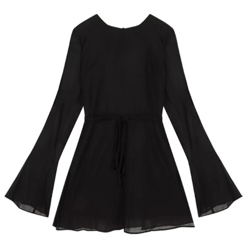 Sexy hottie backless strap flared sleeve waist small black dress short skirt summer niche slim long sleeve dress