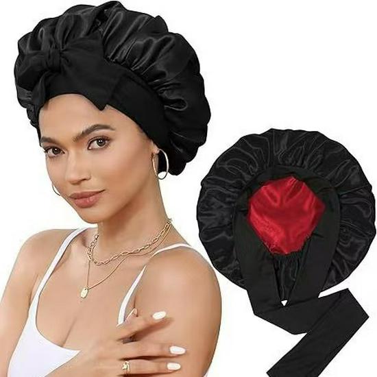 Doppellagige Satin-Schlafmütze mit Schleife, Hochelastischer breiter Rand, Damen Haar-Schal-Mütze