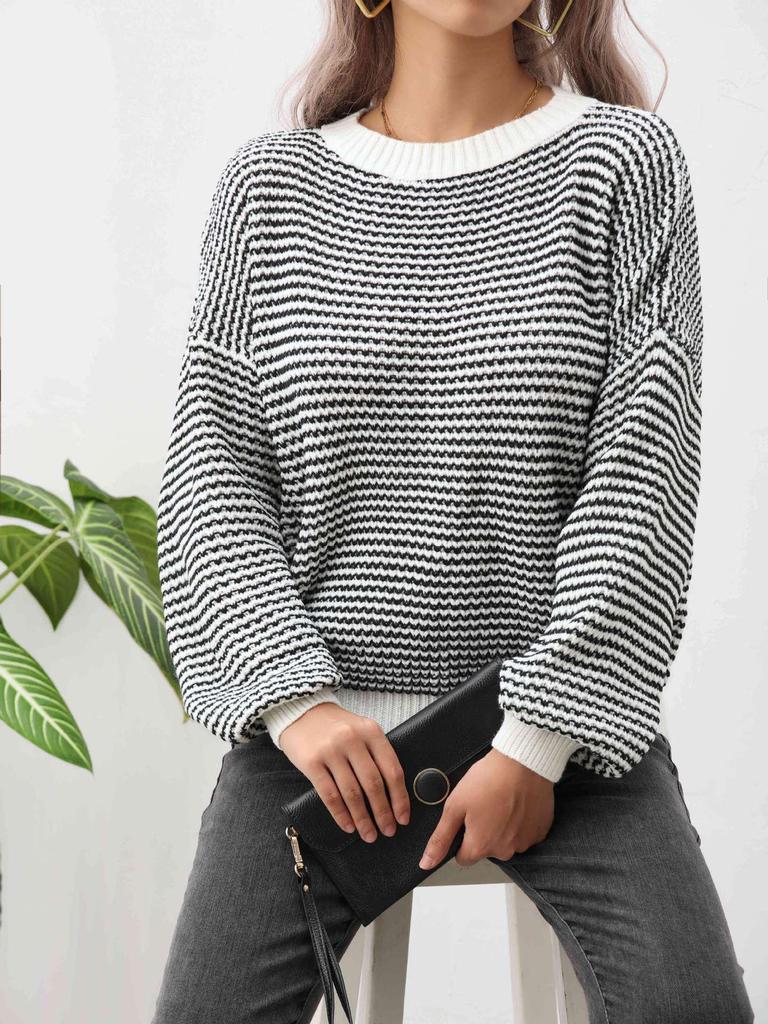 Women's Autumn & Winter Stripe Knit Sweater: Headless Wind, Round Neck, Long Sleeve, Loose Fit