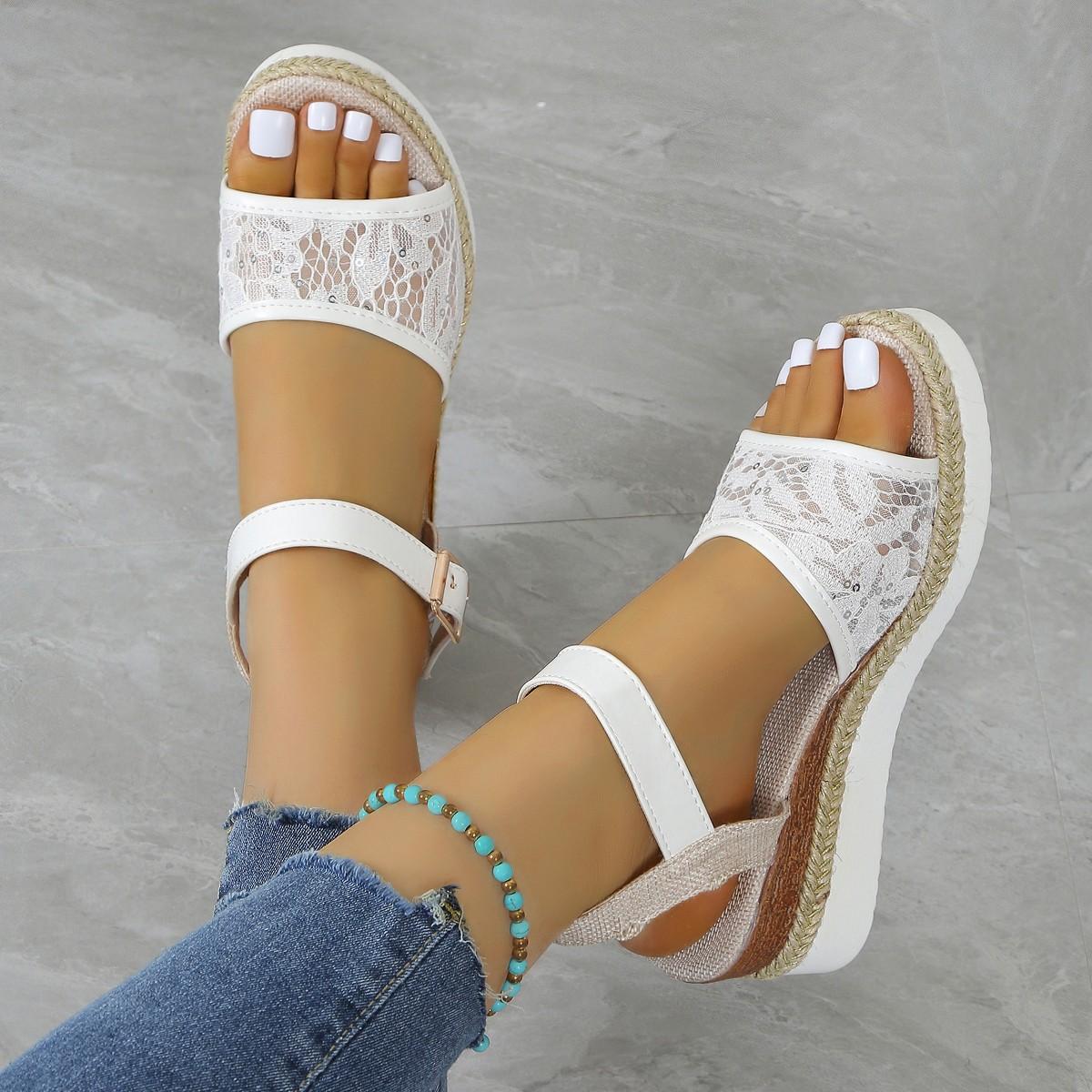 

Весна и лето новые женские туфли большого размера на танкетке с круглым носком сандалии из сетки женские с пряжкой на ремне повседневные женские сандалии 43