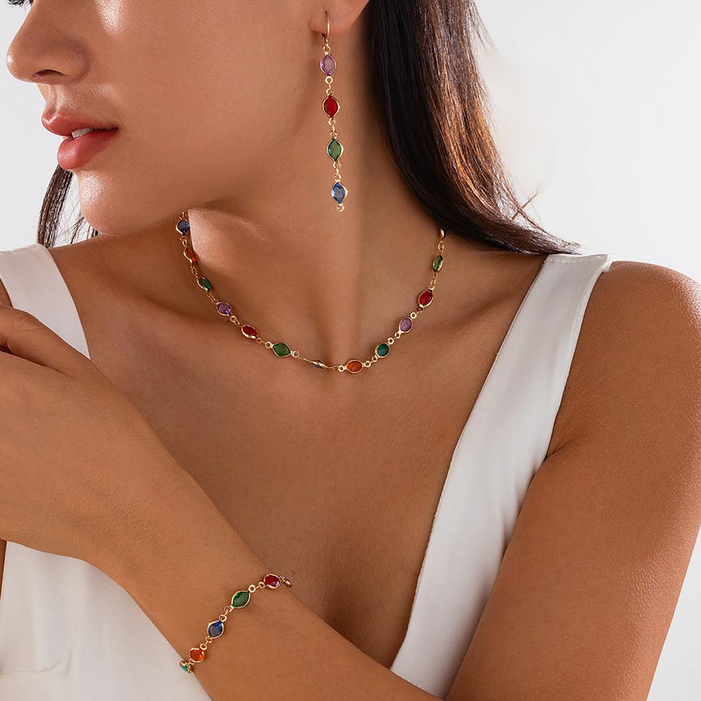 Necklace light luxury ins colored rhinestones stacked necklace, cold wind metal thin chain pendant